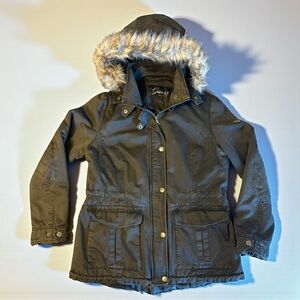 GUESS Y2K Olive Green Jacket Coat Faux Fur Hood Women's Size Large Zip Button